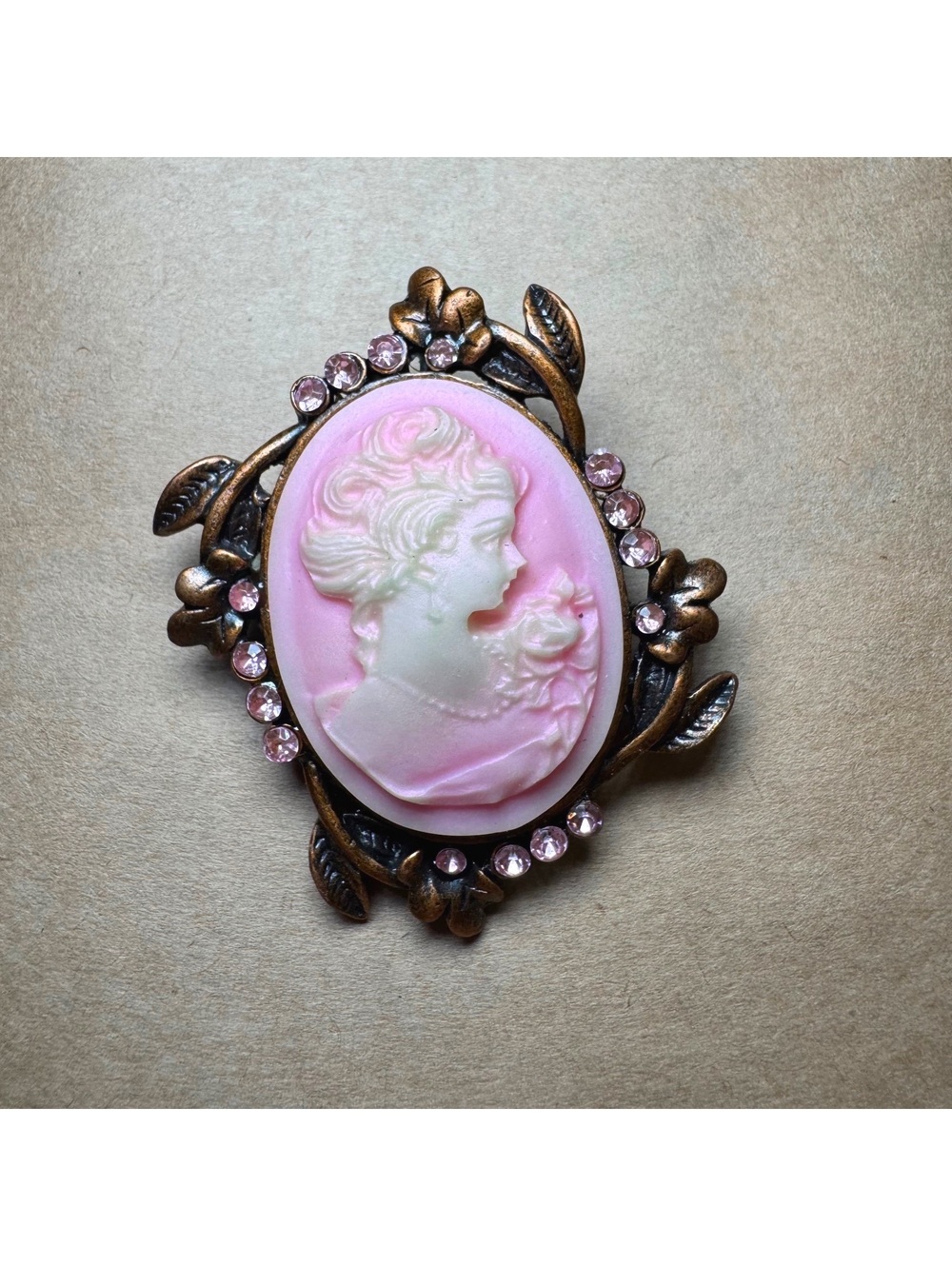 Vintage Pink Cameo Brooch with Rhinestone Accents and Floral Metal Frame
